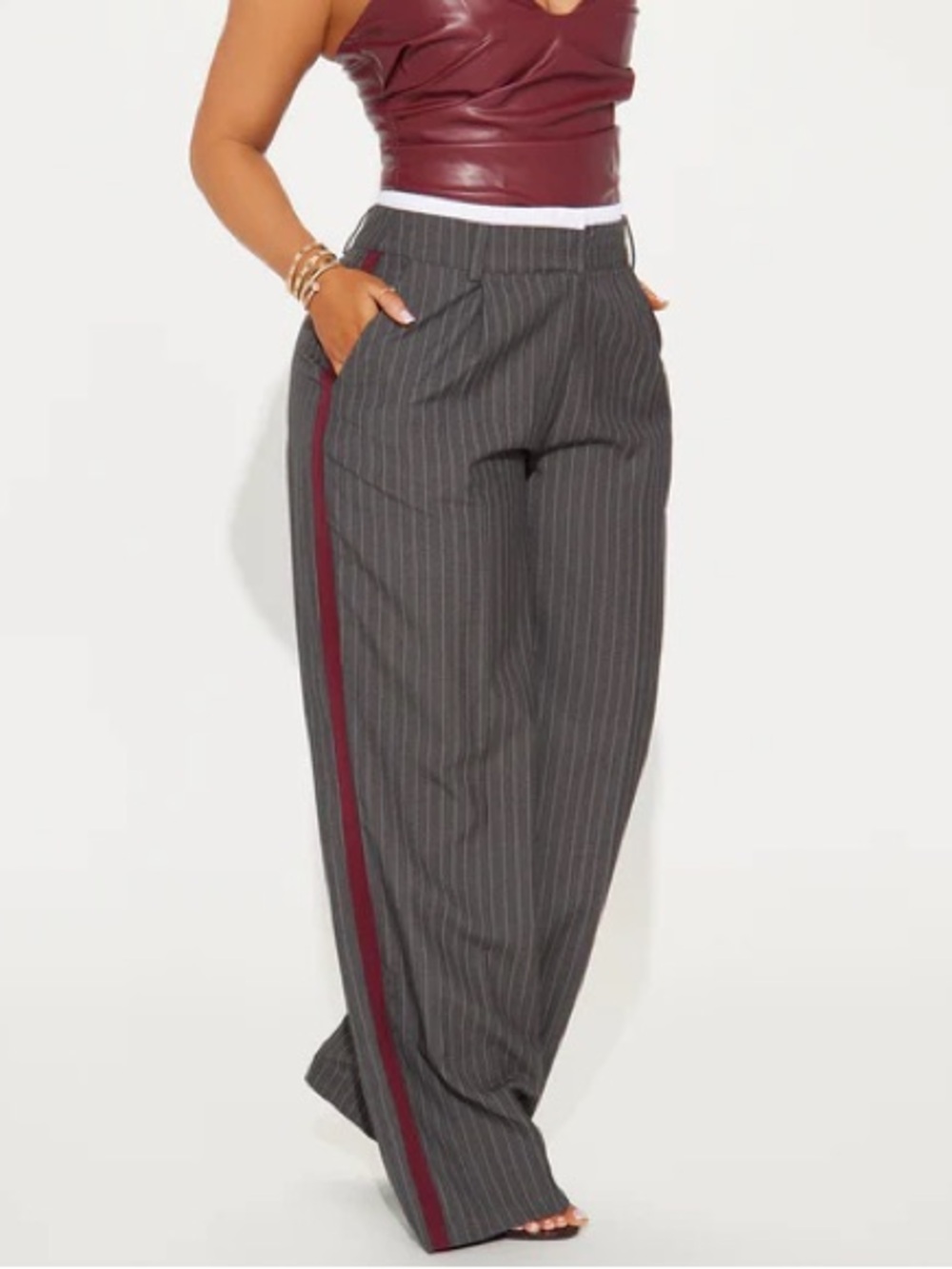High-Waist Pinstripe Wide-Leg Pants with Side Stripe - Gray/Burgundy